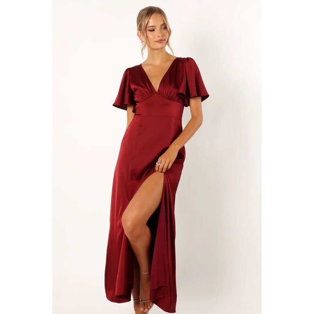Petal & Pup Casper Maxi Dress V Neck Side Slit Short Sleeves Wine Medium Flawed